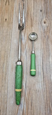 Vintage Green Handled Kitchen Utensils w/ Yellow Stripe Meat Fork Melon Baller picture