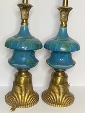 VINTAGE 50's PAIR REMBRANDT TURQUOISE BLUE POTTERY & BRASS 3' FLOOR TABLE LAMPS picture