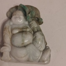 Vintage Chinese Carved Jade moss in snow figural  laughing seated Buddah4x,3x1.5 picture