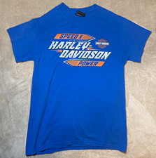 Harley Davidson 2000’s blue t-shirt with white and orange 'SPEED & POWER' graphi picture