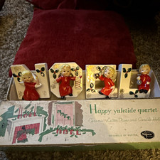 Napco Happy Yuletide Quartet 4pc Glazed Ceramic Candle Holders Set Boxed 1956 picture