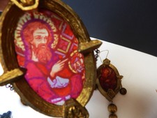 2 Renaissance Stained Glass Wood Church Window Ornaments Christ or Saint Francis picture
