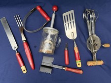 VINTAGE / ANTIQUE RED HANDLE KITCHEN UTENSILS DAZEY, A& J, SLICER, TENDERIZER & picture