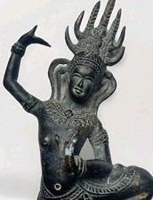 Antique Bronze Khmer Aspara Dancer Hindu Buddhist Hand Bell Statue 9.5” picture