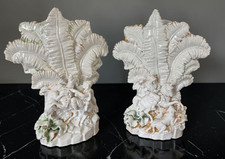 Antique Vieux Paris Brussels Porcelain Spill Vases Pair- Fan Leaf Tiger Hunt #'d picture