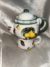 Vintage Houston Harvest Ceramic Tea For One Set Stacking Teapot Cup Fruit CUTE picture