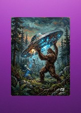 Bigfoot vs UFO ACEO Giclee Print | Cryptid Sci-Fi Art | Alien Encounter Card picture