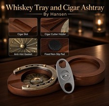 Hansen Premium Cigar Ashtray, Horseshoe Wooden Whiskey Glass Tray with Cutter picture