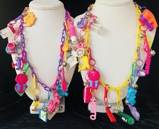 Retro 1980s Plastic Bell Clip On Vintage 80's Charm 2 Necklaces with 30 Charms picture