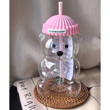 Starbucks Bear Shaped Glass Cold Cup Tumbler 20 Oz Pink Lid Straw Hot deal picture