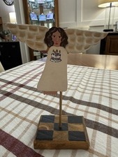 Nancy Thomas Wooden Angel With Birthday Cake On Stand~ Initialed & Dated 2013 picture