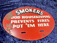 Vintage SMOKERS PUT EM HERE RED METAL CIGARETTE SMOKING Fire Sign @4 picture
