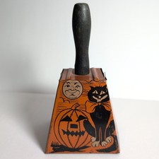 Vtg Halloween Lithograph Tin Toy Bell Noise Maker Pumpkin Black Cat JOL 20s/30s picture
