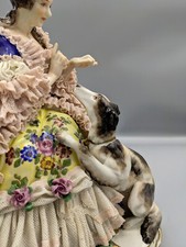Large 1900s Antique Volkstedt German Porcelain Lace Figurine Lady With Dog 10