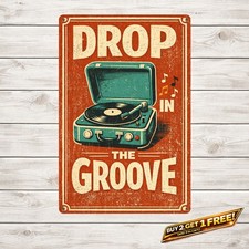 Retro Record Player Illustration Metal Sign Music Room Wall Decor 8x12 picture
