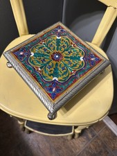 Indian Meenakari Pooja Chowki Bajot Enamel Wood Metal Pedestal 8” x 8” picture