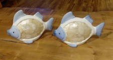 2 Vtg Tropical Fish Ceramic Mother Of Pearl Beach Nautical Decor White & Blue  picture