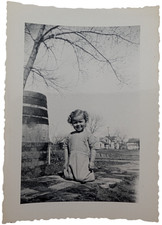 Vintage B&W Snapshot Photo Young Child Outdoors Barrel Deckle Edge 2.75x3.75 picture