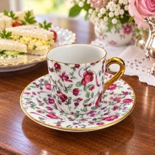 Vintage Pink Rose Chintz Demitasse Cup and Saucer E-728 Gold Trim Floral picture