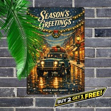 Off Road 4x4 Christmas Metal Sign Retro Winter Holiday Vehicle Wall Art picture