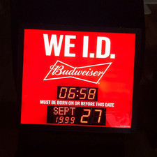Budweiser WE I.D. Lighted Sign w/ Digital Clock & Date Display Red/Black picture