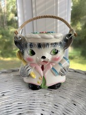 Vintage Mid Century Ceramic Kitty Cat Jar Japan 1950s Anthropomorphic Rattan MCM picture