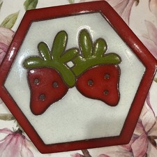 Vintage Hand Painted Red Green Tile Trivet 6” Strawberry Garden Farm House picture