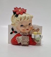 Napco Ceramic Christmas Girl Vintage Planter Vase Red Poinsettia Spaghetti Holly picture