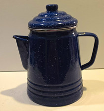 Blue Speckled Vintage Coffee Pot/Percolator w/ Lid Shiny Metal picture