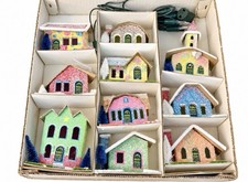 Vintage Japan Glitter Putz Christmas Village 9 Pc Lighted Set Original Box picture