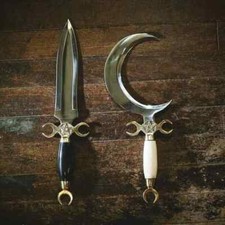 2 Pcs Set Handmade Crescent Moon Dagger Ritual Athame Boline Dagger Knife+Sheath picture