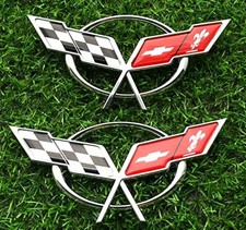 Pair Set 1997-2004 Corvette C5 Front Nose Emblem and Rear Deck Lid 3D Crossed Fl picture