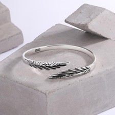 Retro 925 Sterling Silver Feather Angel Wings Adjustable Open Bracelet For Women picture