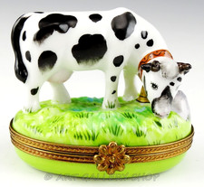 Limoges France MARQUE DEPOSEE Peint Main HANDPAINTED MILK COW GRASS TRINKET BOX picture