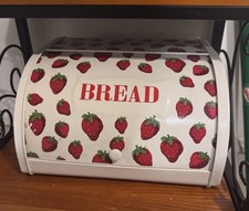 Vintage STRAWBERRY Retro MCM Breadbox Red Cream Shortcake Kitchen Countertop picture