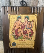 vintage MCM Gemini Zodiac Wood Hanging Plaque Astrology Twins picture