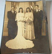Vintage 1942 Wedding Photo Bride Gown Train Groom Bridal Party WWII Era 8x10  picture