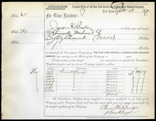 One (1) 1870 stock transfer from New York Central and Hudson River Railroad Co. picture