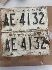 Vintage 1961 Texas License Plates Matching Pair AE-4132 YOM DMV Clear Original picture