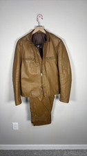 VTG Harley Davidson Brown Leather Motorcycle Jacket & Pant Set Cafe Racer Moto picture