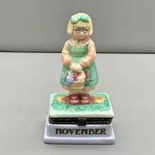 Enesco November Birthday Girl Trinket Box Girl with Basket Green Dress Figurine picture
