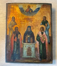 Antique 19th C. Orthodox Icon Christ Pantocrator Saints Wood Panel-Lithuania picture