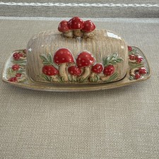 Cottage Core Retro Vintage Vibes - Hand Painted Mushroom Ceramic Butter Dish picture