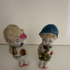 Vintage Japan Bisque Figurines Boy Girl Musicians Saxophone Brass Horn Pair picture