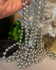 BUY 1-2 Vtg SILVER 17-18 FT Metallic Glass Look LG Bead XMAS Tree GARLAND Strand picture