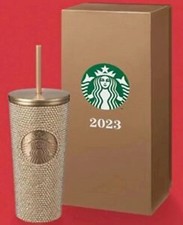 Starbucks 2023 New Taiwan Gold SS Rhinestone TOGO Cold Cup Tumbler Gift Box 16oz picture