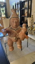 Mexican Pottery Vase Terracotta Man Holding Bird Aztec Pre Columbian 14”Replica picture