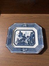 Vintage Blue White Asian Landscape Octagonal Serving Platter Tray 13 3/8” picture