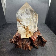 500g Natural Rutilated Quartz Obelisk Crystal Point Wand Reiki Decor+Stand picture