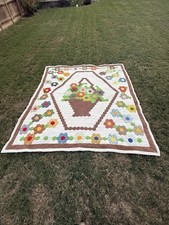 VINTAGE Hand Sewn Grandmas Flower Garden Hexagon Quilt 1979 picture